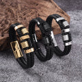 Men Vintage Personalized Double-Row Braided Genuine Leather Wristband Bracelet Stainless Steel Magnetic Buckle Bangle Jewelry