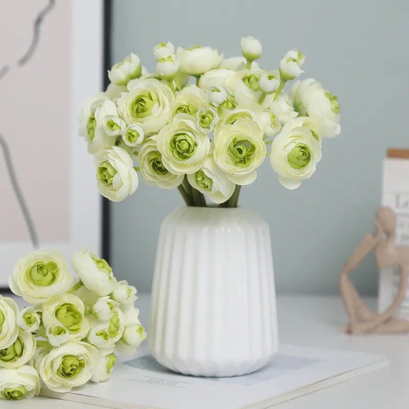 Wholesale 6-Head Artificial Tea Rose Bouquet Simulated Camellia with Bride Holding Flowers Cloth Material for Room Decoration