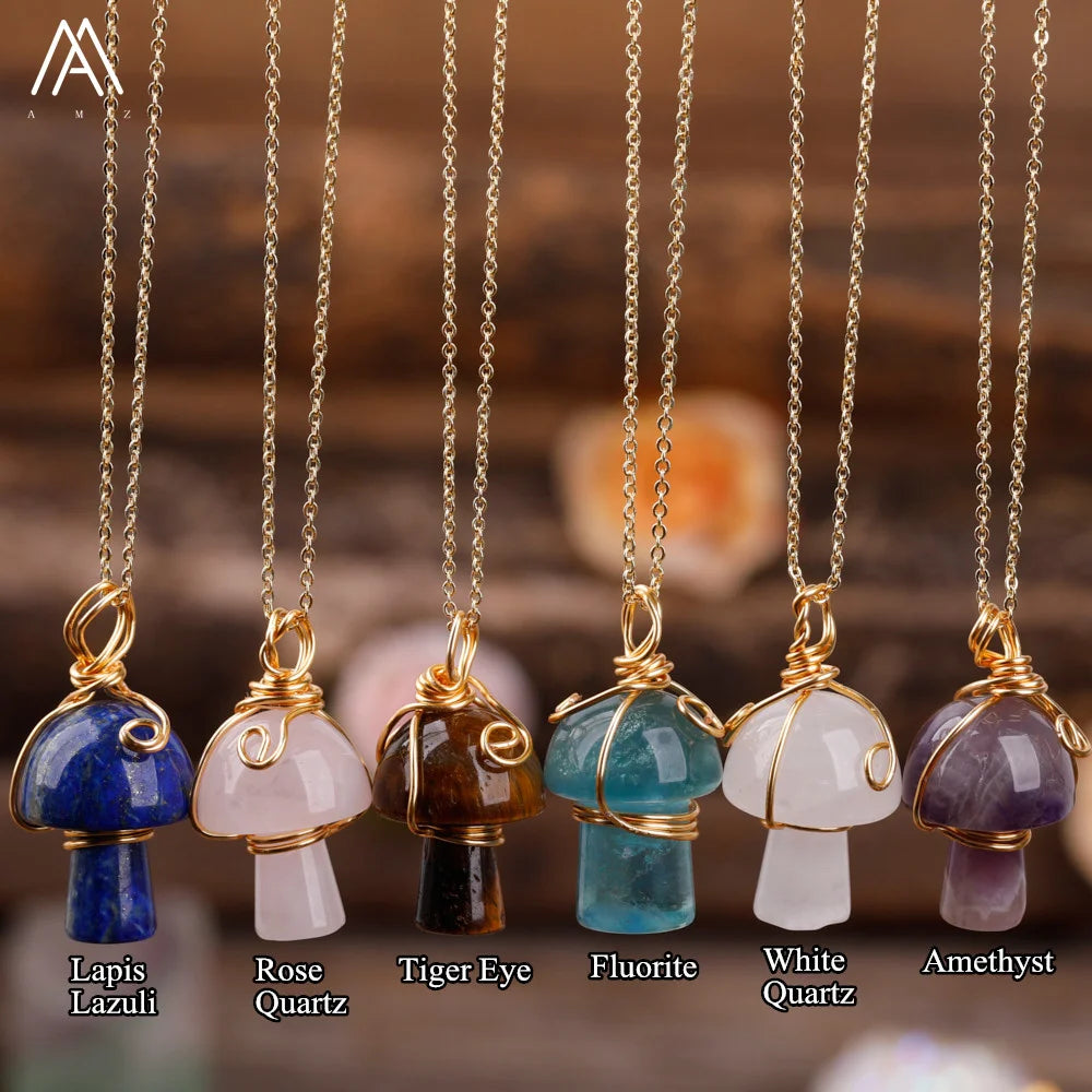 Gold Plated Crystal Mushroom Necklace Wire Wrapped Natural Stone Handmade Rope Chain Jewelry for Party and Wedding