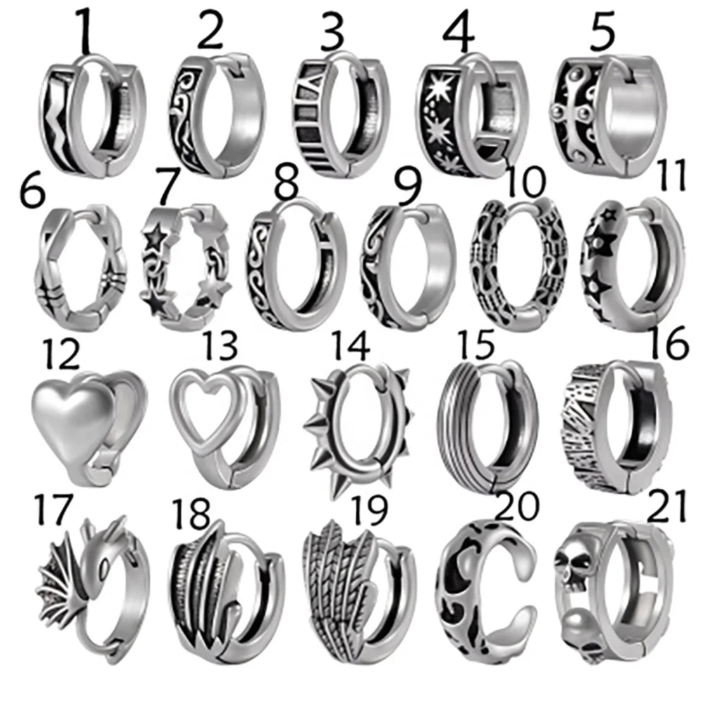 Unisex Punk 20G Stainless Steel Gothic Heart Skull Ear Clicker Hoop Earrings Fashion Body Jewelry for Gift Wholesale
