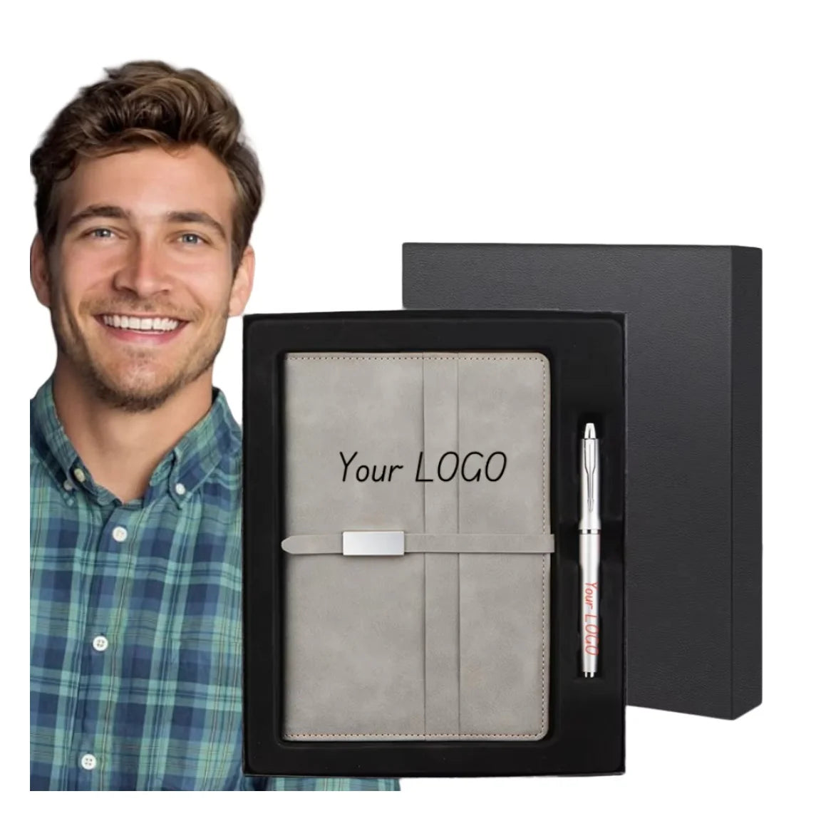 Christmas Stationary Gift Set Metal Silver Buckle Plain Notebook + Sign Pen Personalized School Valentine Gift Set for Men