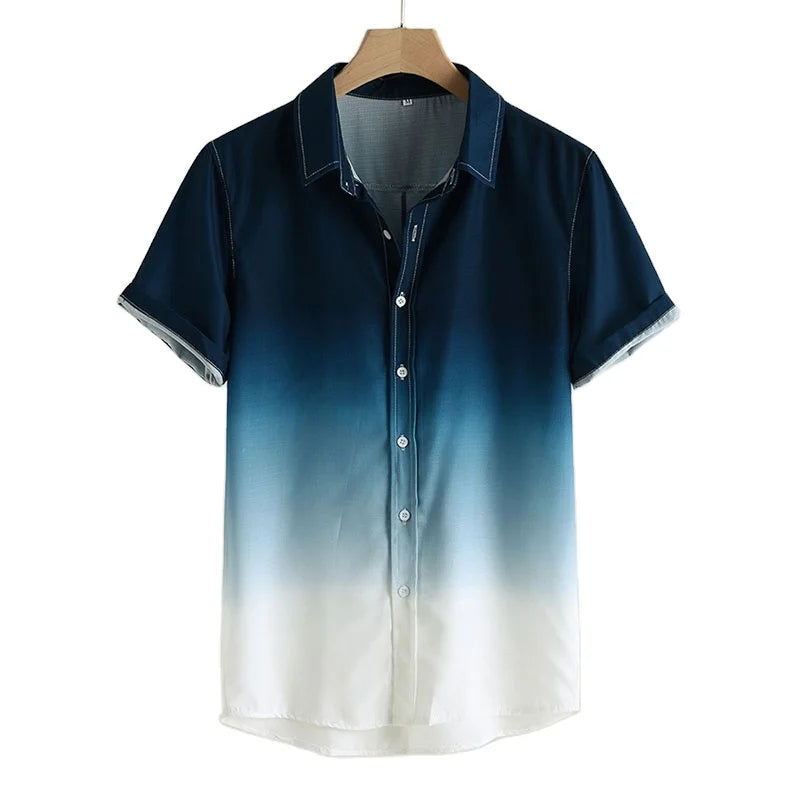 RNSHANGER Summer Men's Hawaiian Shirts for Men Cool Thin Breathable Collar Gradient Dyed Casual Short Sleeve Male Shirt