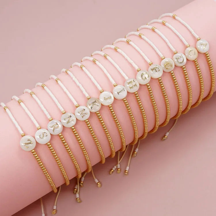 BG1115 Minimalist Tiny Little Gold Seed Beaded Round Disc White Shell Letter A-Z Initial Adjustable Bracelet for Women Gifts