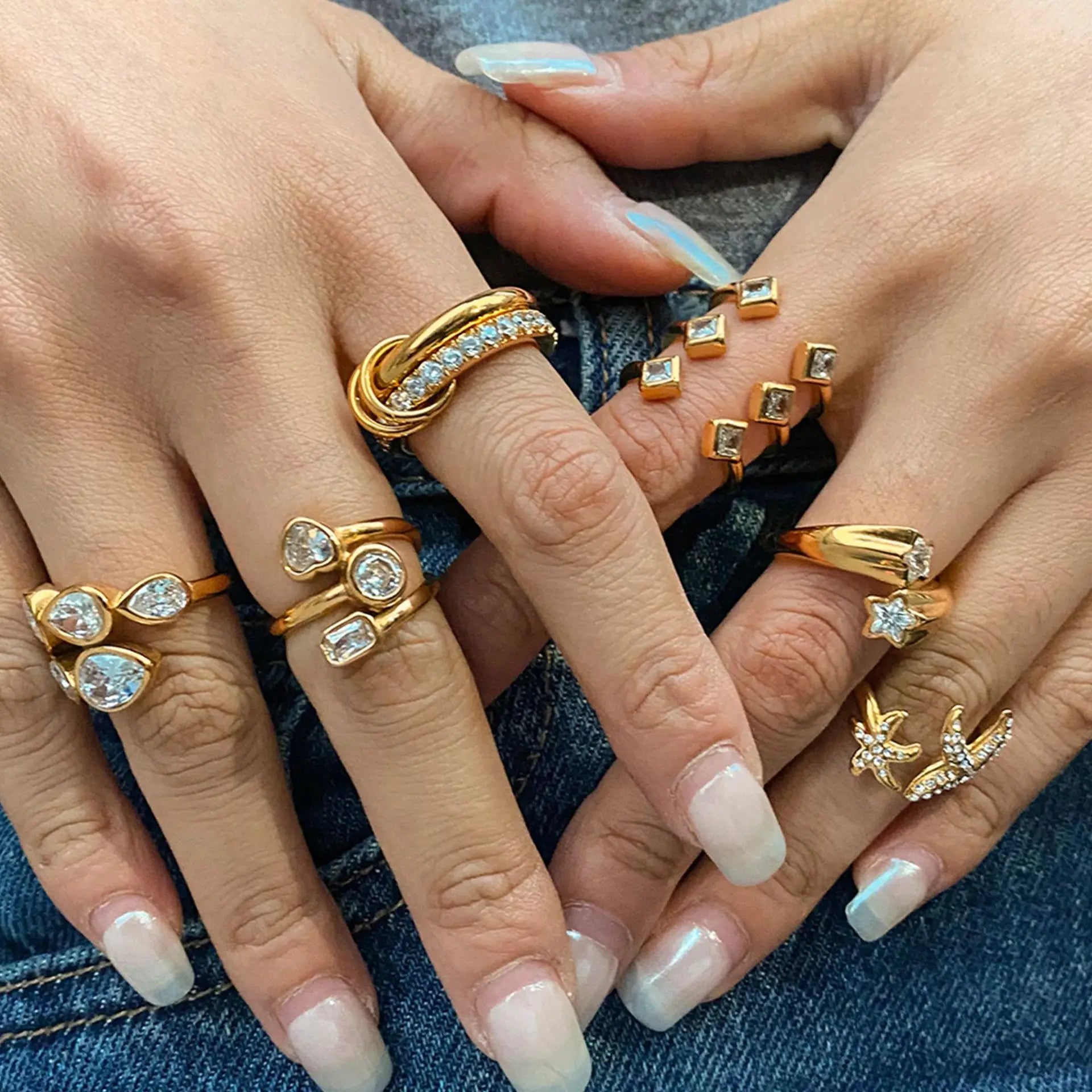 Hot Selling INS Style Stainless Steel 18k Gold PVD Plated Geometric Zircon Inlay Open Ring for Women Waterproof Jewelry
