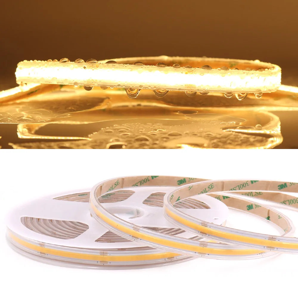 5M IP68 Waterproof COB Strip 12V 24V LED Light Bar 384 LEDs CRI 90 RA High Bright FOB LED Tape for Outdoor Decoration Lighting