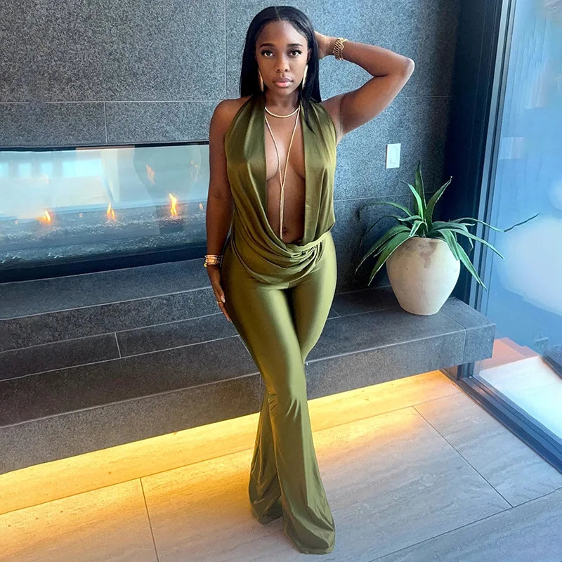 GX25554 Fashion Sexy Night Club Wear Halter Sleeveless Deep V-neck Backless Hollow Out Elegant One Piece Jumpsuit Women