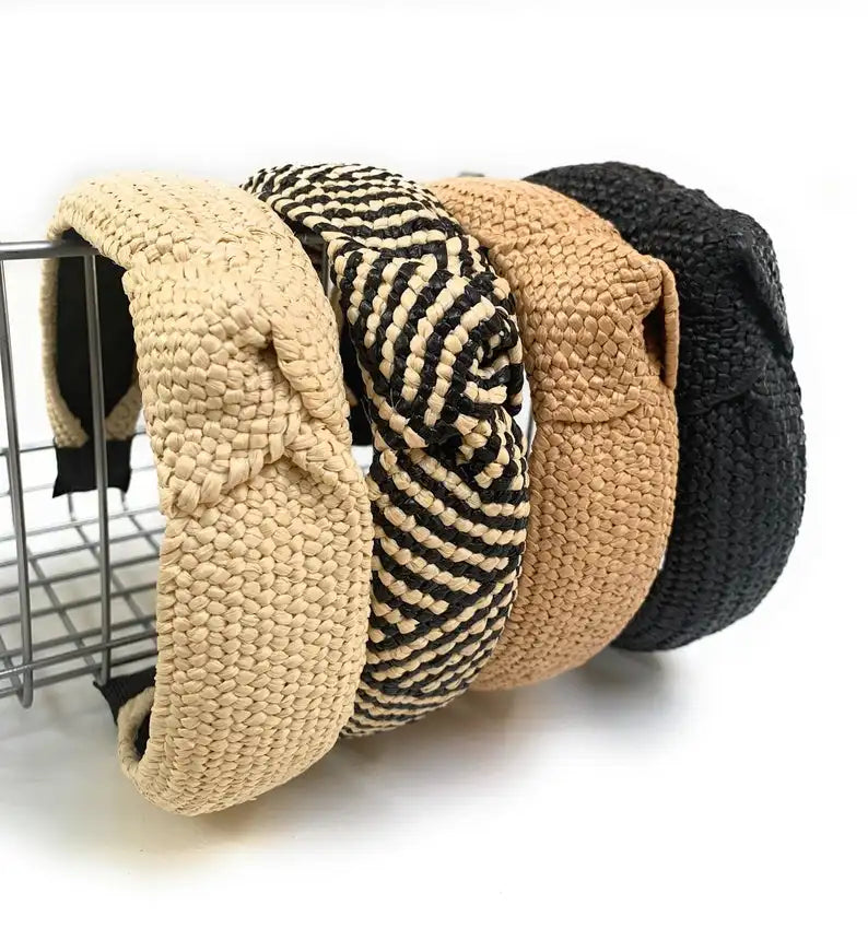 Fashion Women Top Knot Headband Summer Hairbands Beige Raffia Woven Headband