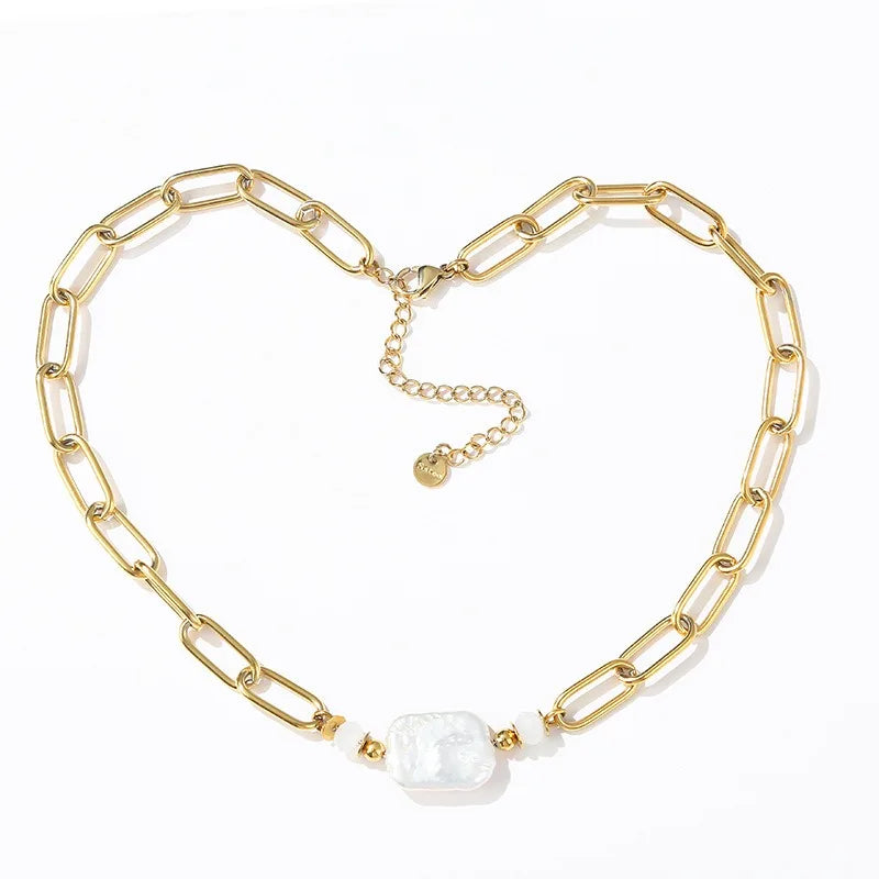 Water Proof Tarnish Free Stainless Steel PVD Plating Gold Silver Paper Clip Chains Square Natural Freshwater Pearl Necklace