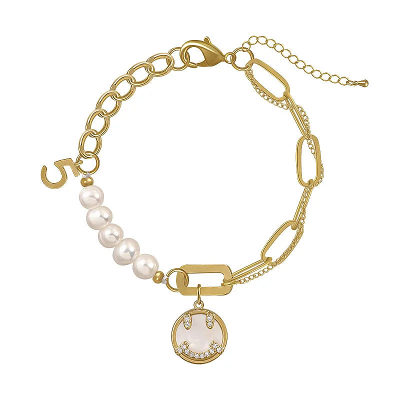 Trendy Baroque Pearl Smile Face Charm Bracelet Number 5 Natural Pearls Adjustable Smiling Face Brass Bracelet
