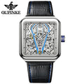 OUPINKE Automatic Watch Men Skeleton Mechanical Watch Steampunk Sapphire Crystal Square Leather Transparent Sports Wrist Watch