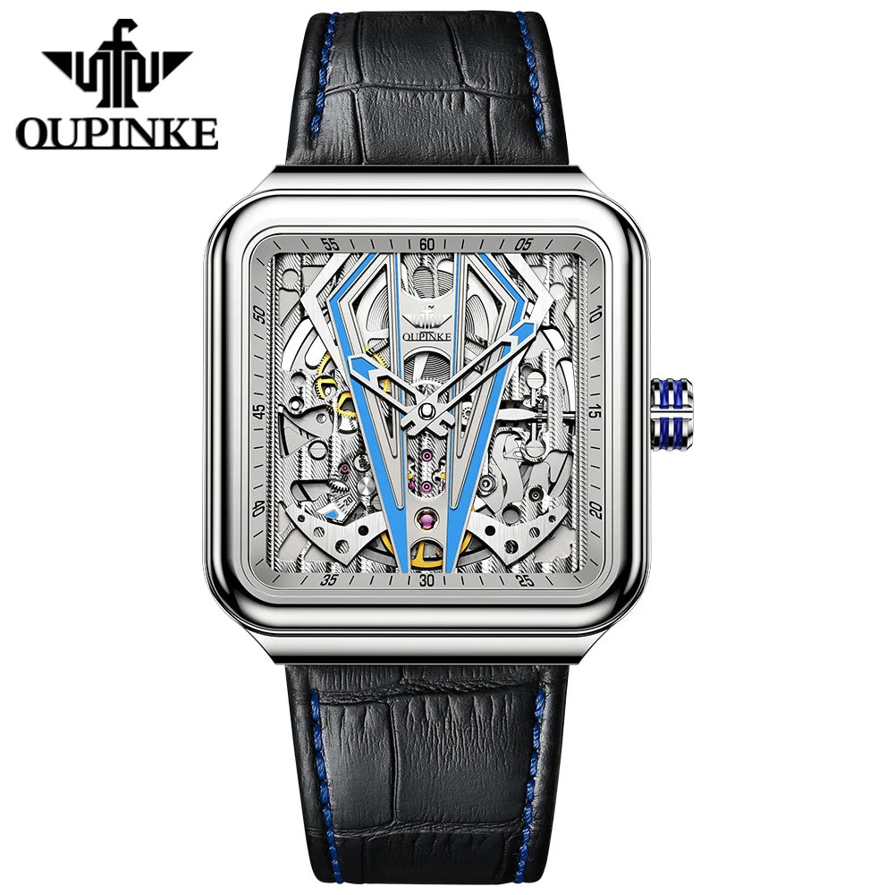 OUPINKE Automatic Watch Men Skeleton Mechanical Watch Steampunk Sapphire Crystal Square Leather Transparent Sports Wrist Watch