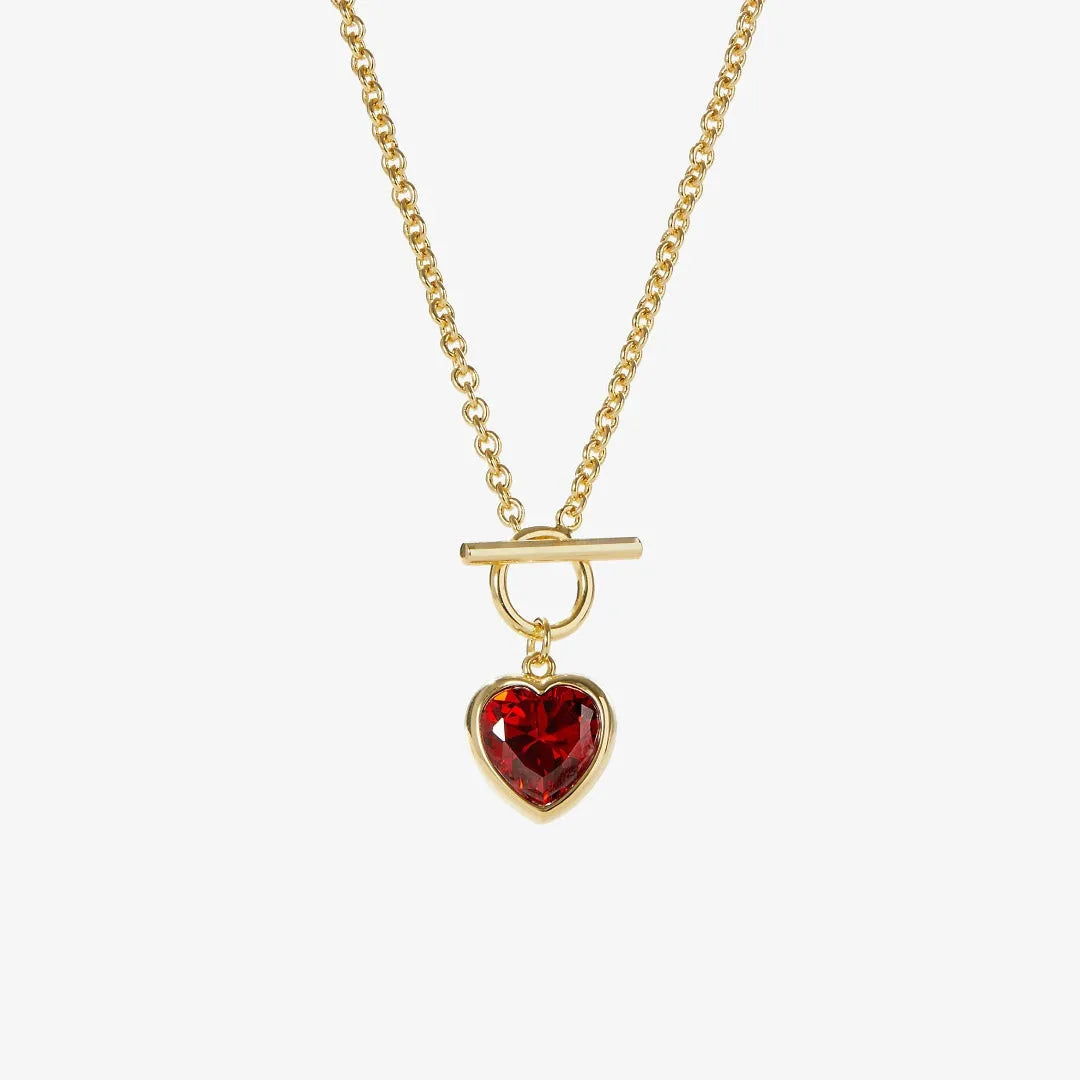 HOVANCI 18K Gold Plated OT Clasp Chain Jewelry Big CZ Ruby Glass Diamond Garnet Stone Red Heart OT Necklace