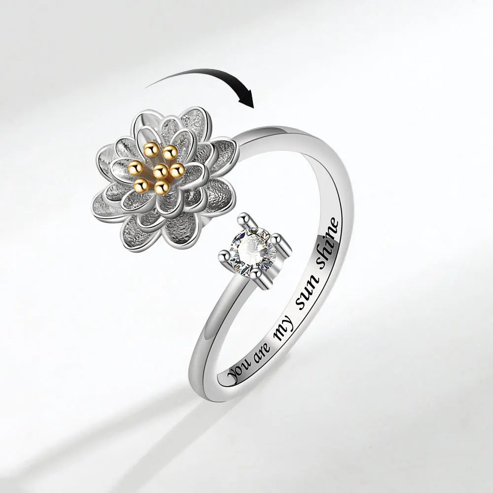 Wholesale You Are My Sunshine Zircon Adjustable Lotus Anxiety Relief Rotating Spinner Fidget Flower Ring for Woman