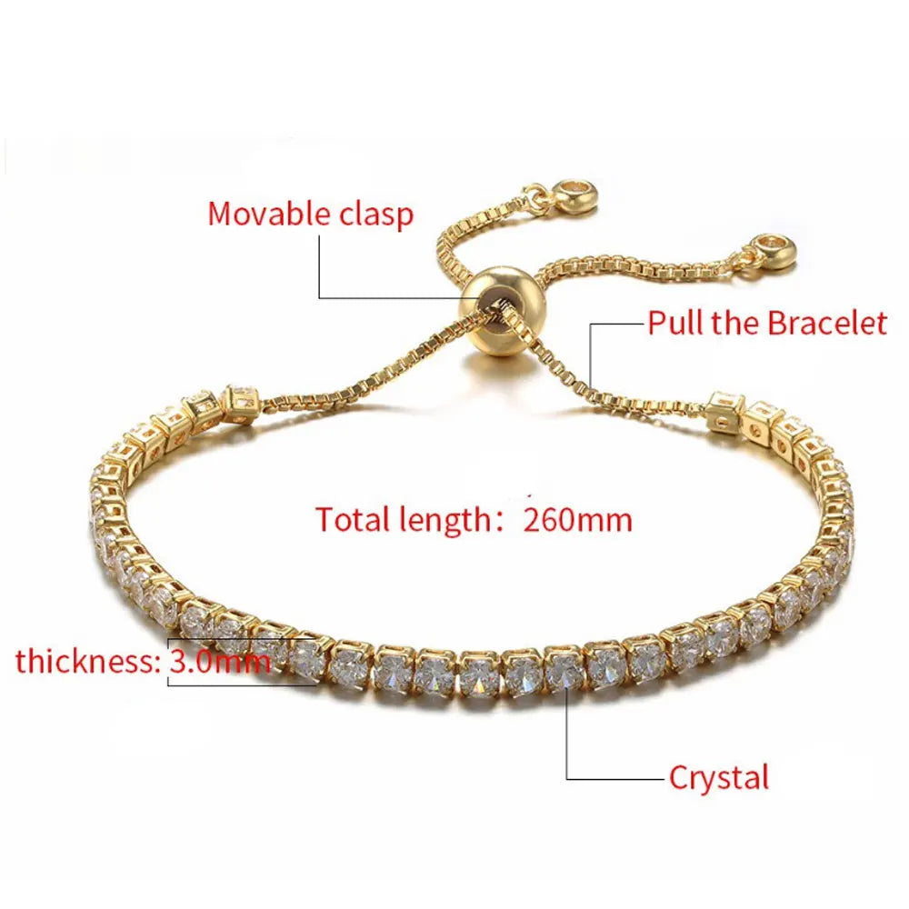 Brass Metal with Bling Cubic Zircon Diamond Bead Setting Tennis Chain Adjustable baguette Bracelet Jewelry