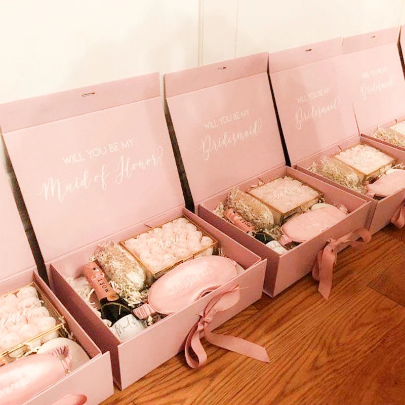 Luxury Custom Recycled Materials Magnetic Closure Folding Rectangle Satin Liner Hot Stamping Pink Gift Box with Ribbon Handle