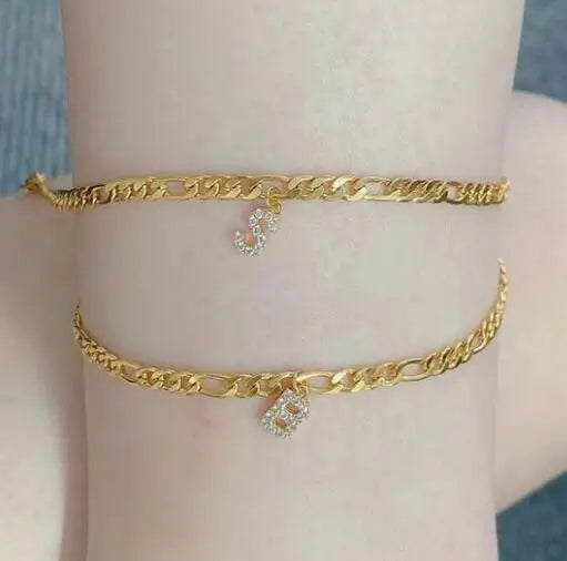 Personalized Gold Birthstone Letter Bracelet Anklet Figaro Chain Stainless Steel Jewelry 18k Gold CZ Diamond Initial Anklet