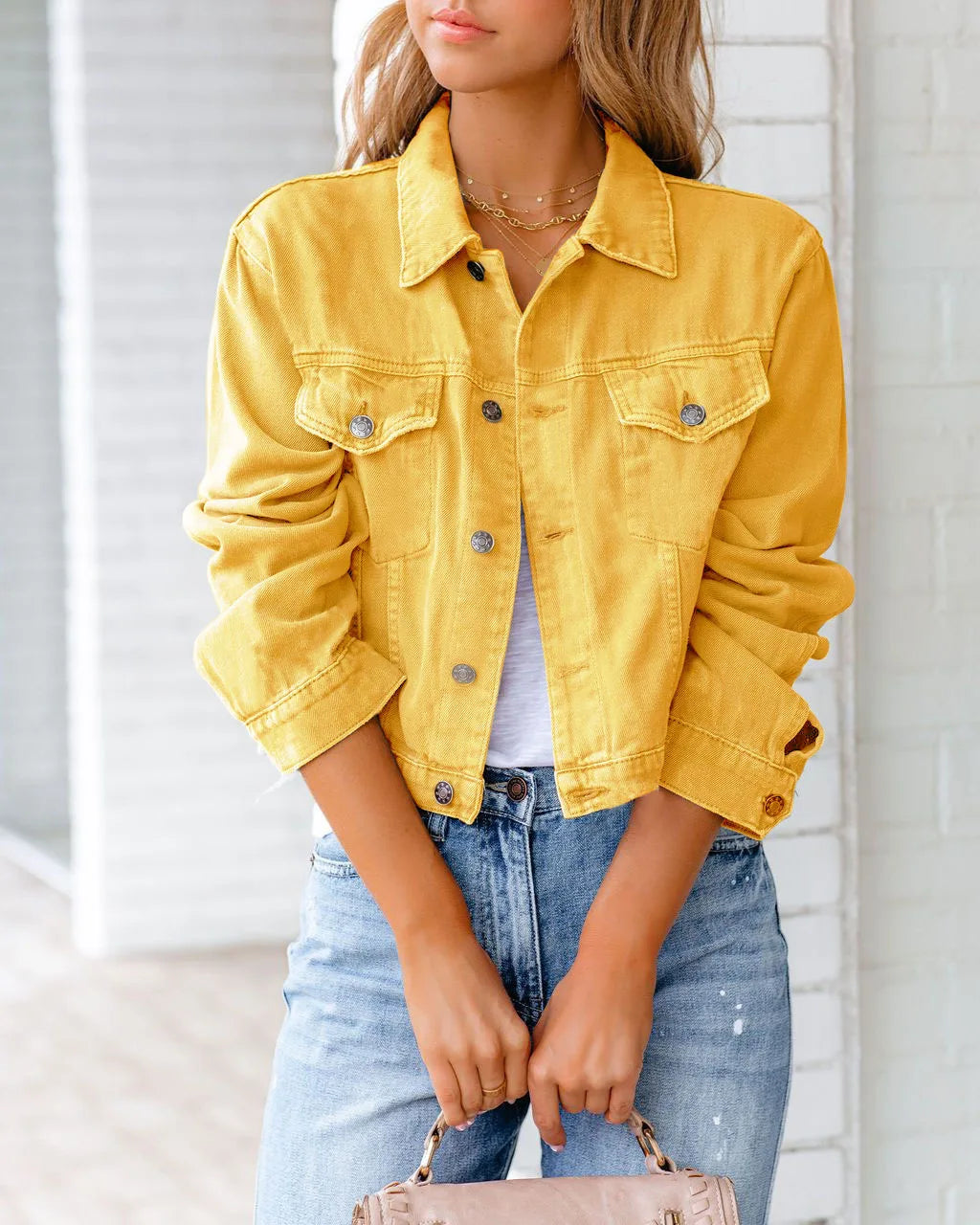 New Fashion Coming Women Fall Jean Coat Winter Button Yellow Blank Denim Jackets