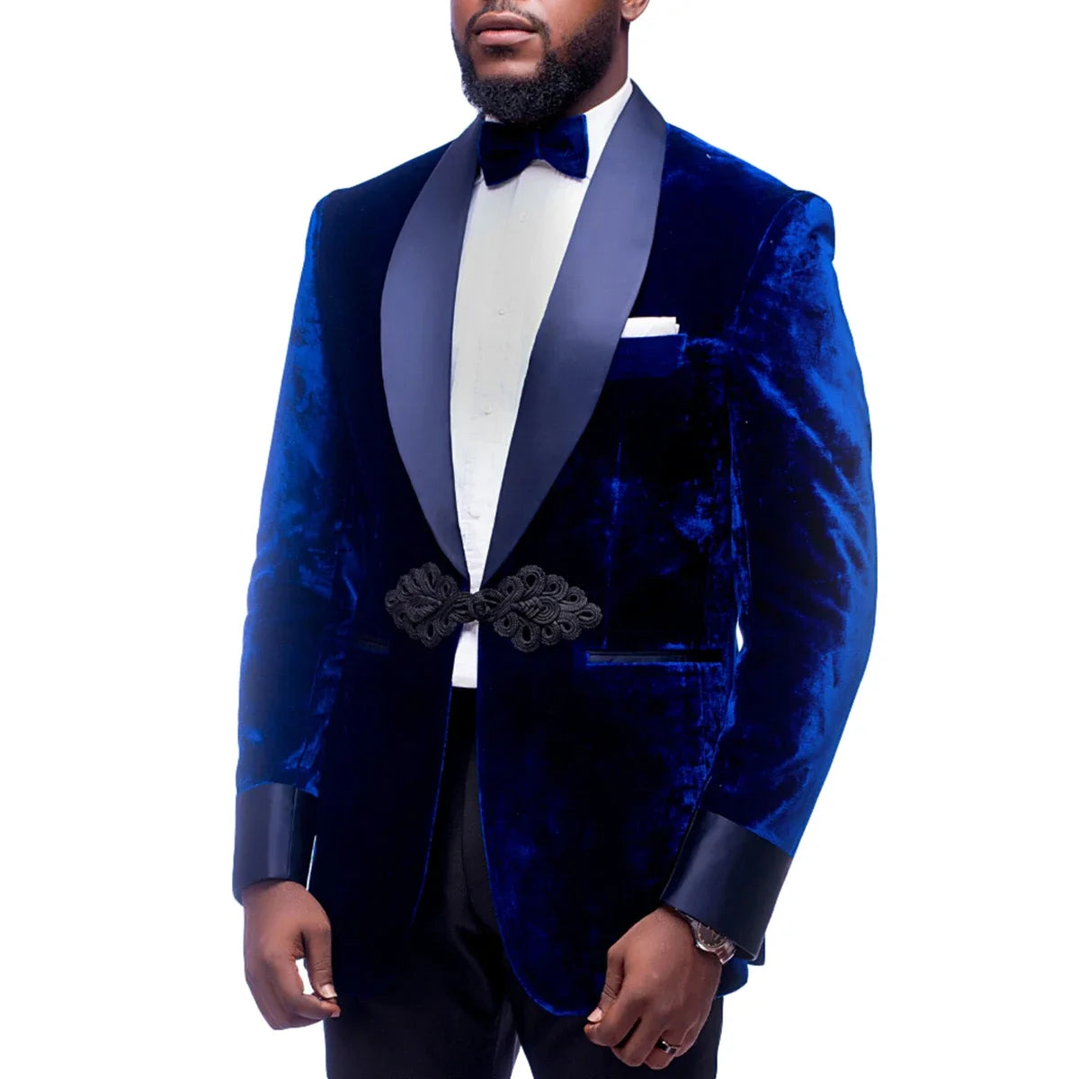 Blue Velvet Men Suit Tailor-Made 2 Pieces Blazer Black Pants Chinese Knot Gentle Wedding Groom Business Causal Prom Tailored