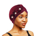 Wholesale Custom Logo Hair Accessories Soft Stretchy Thicknesss Ruffle Solid Color Turban With Three Flowers Hijab for Women