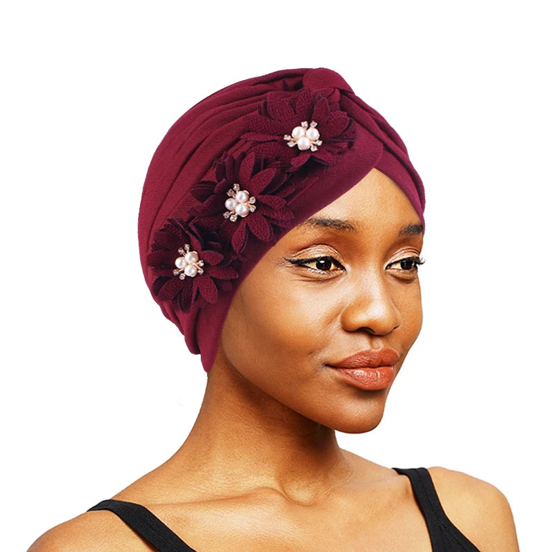 Wholesale Custom Logo Hair Accessories Soft Stretchy Thicknesss Ruffle Solid Color Turban With Three Flowers Hijab for Women