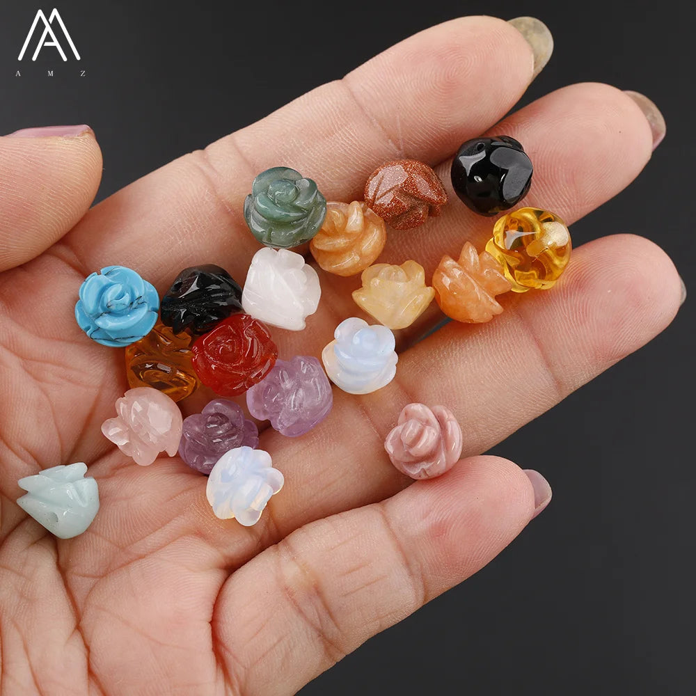 10mm Carved Rose Flower Beads Charms DIY Jewelry Drilled Hole Natural Gemstone Crafts Supplies