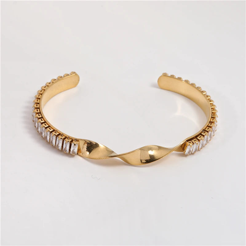 High End Gold Plated Stainless Steel Mobius Zirconia Pave Cuff Bracelet for Women Wholesale Jewelry