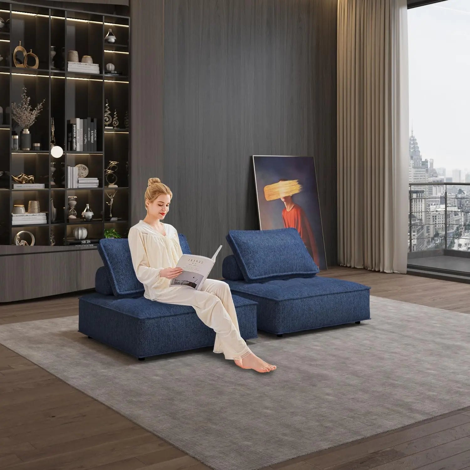 Modern Blue Modular Sofa Set with Pillows Customizable Sectional Couch for Living Room Interchangeable Lounge Furniture