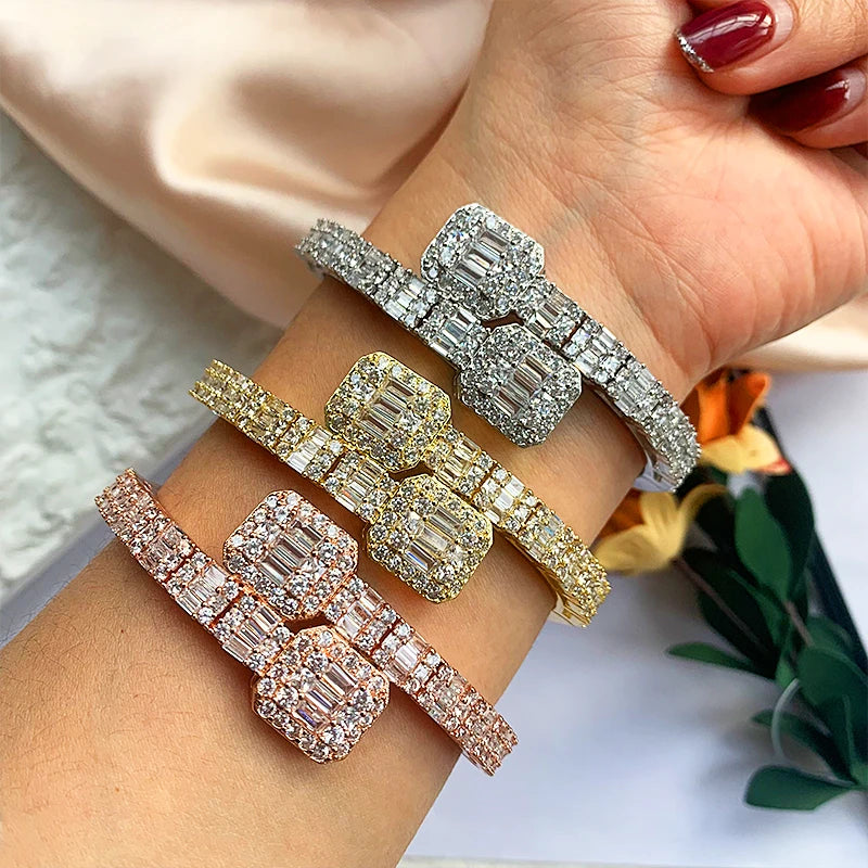 Baguette Open Iced Bangle Bracelet Bangles Luxury Iced Out CZ Diamond Baguette Multicolor Baguette Bangle