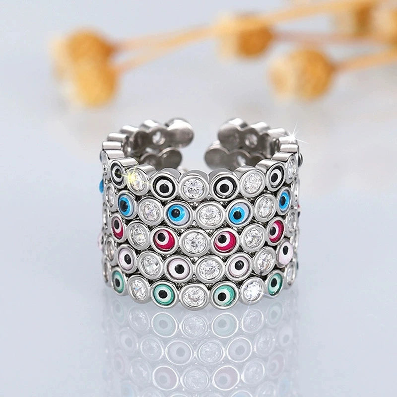 Women's Fashionable Micro Pave CZ Evil Eyes Rings Adjustable Rainbow Turkish Eyes Open Ring New Alloy for Parties Engagements