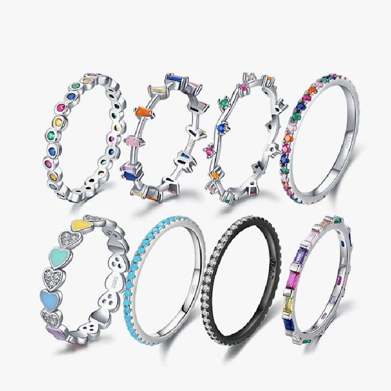 QS637 Sterling Silver Rainbow Stacking Ring Set Heart Diamond Engagement Wedding Ring