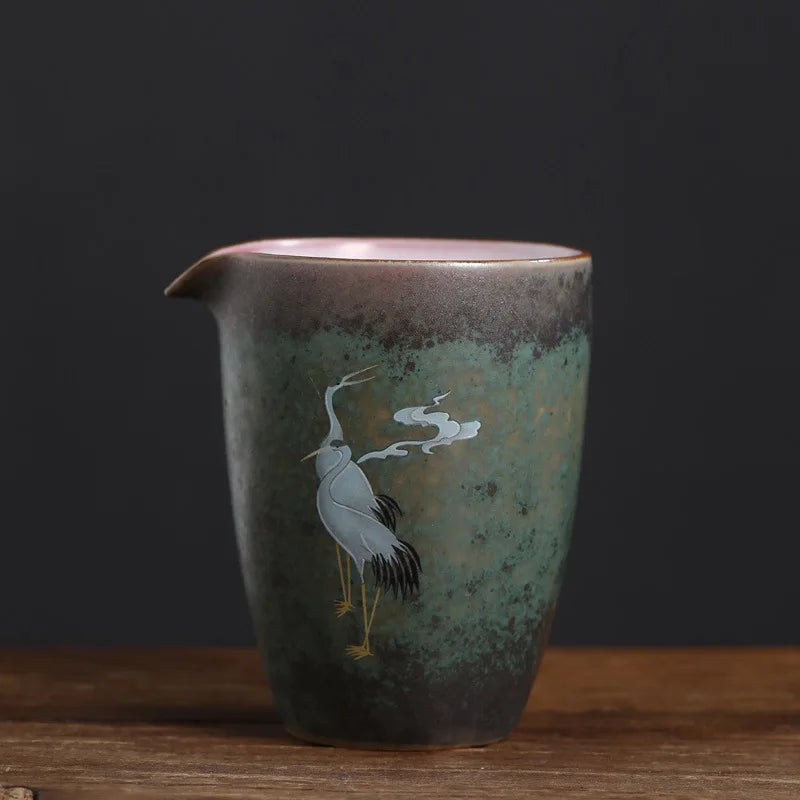 Handmade Retro Kiln-Baked Crane Pitcher Glowing Ceramic Tea Pot and Cup Kung Fu Tea Utensils Set