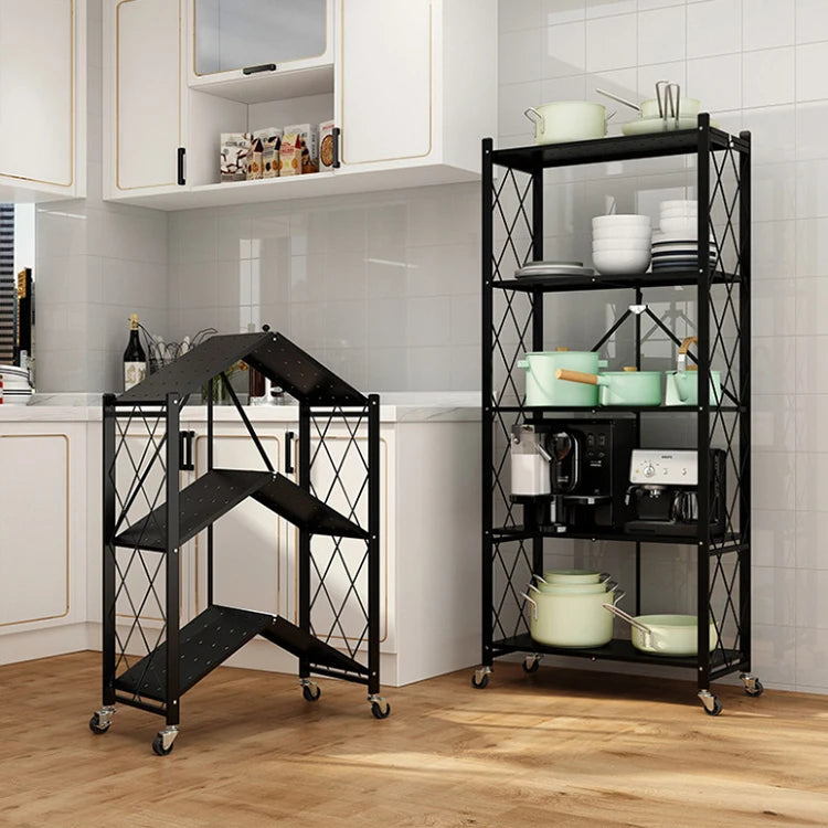 Multifunctional Folding Rack Kitchen Household Items Kitchen Metal Storage Rack Foldable Carbon Steel Tray Rack With Wheels
