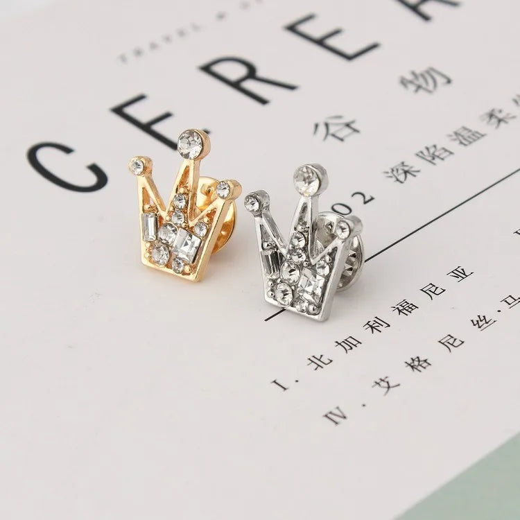 Fashion Full Rhinestone Earrings Pin Mini Crown Crystal Collar Pin Breastpin Clothes Pin Jewelry Gifts for Men and Women