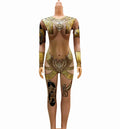 Sexy Long Sleeve Egyptian Cleopatra Print Stage Leotard Rhinestone One Piece Bodysuit Pole Dance Rompers Women Fashion Jumpsuit