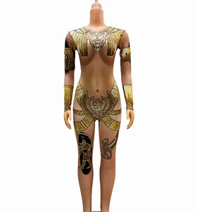 Sexy Long Sleeve Egyptian Cleopatra Print Stage Leotard Rhinestone One Piece Bodysuit Pole Dance Rompers Women Fashion Jumpsuit