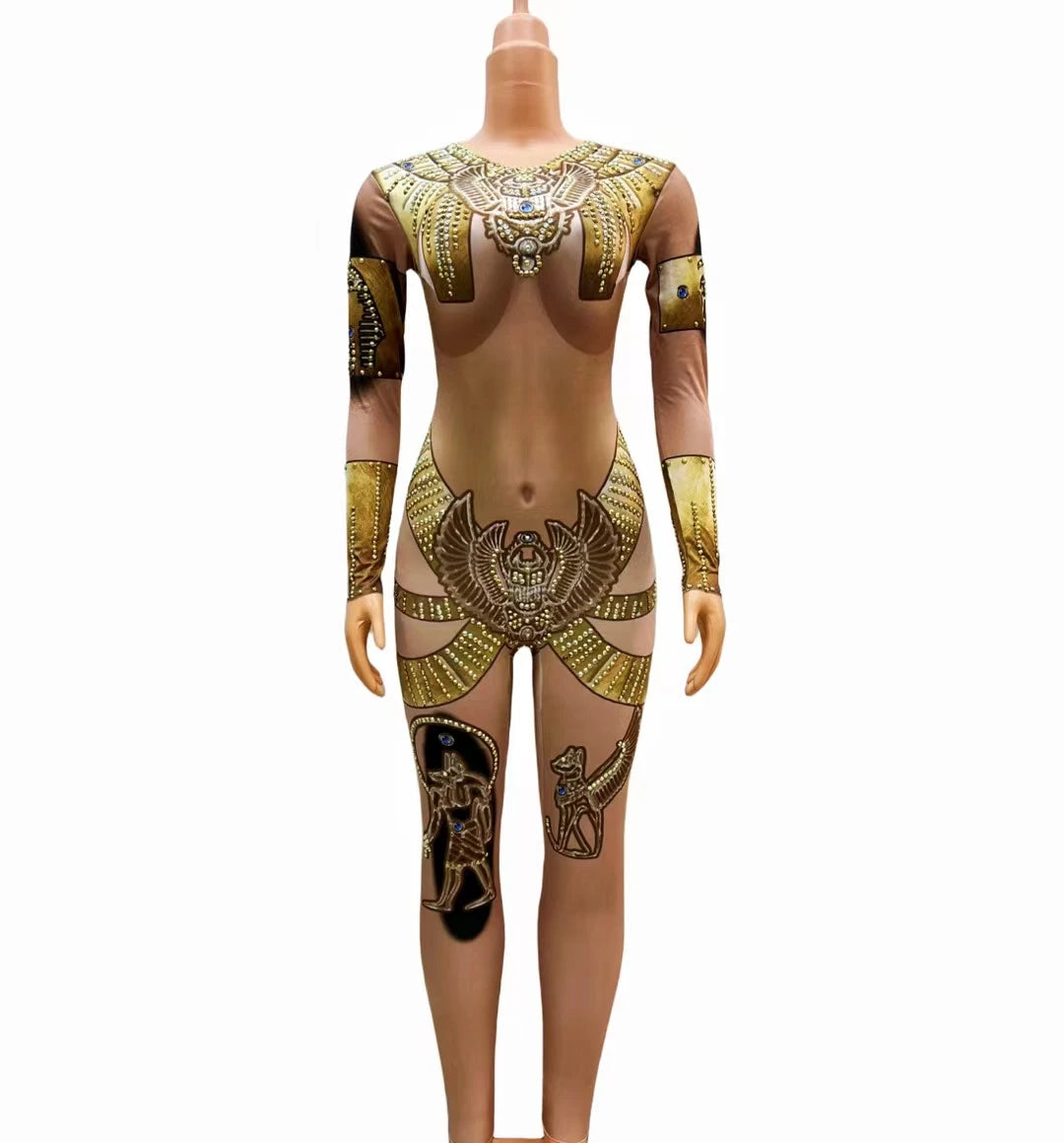 Sexy Long Sleeve Egyptian Cleopatra Print Stage Leotard Rhinestone One Piece Bodysuit Pole Dance Rompers Women Fashion Jumpsuit