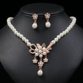 New Arrival 2pcs Exquisite Rose Gold  Zircon Gift Flowers Natural Pearl Necklace Earrings Jewelry Set