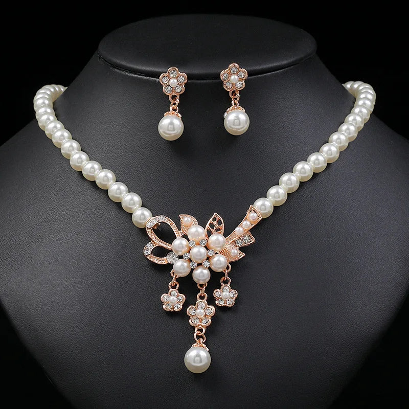 New Arrival 2pcs Exquisite Rose Gold  Zircon Gift Flowers Natural Pearl Necklace Earrings Jewelry Set