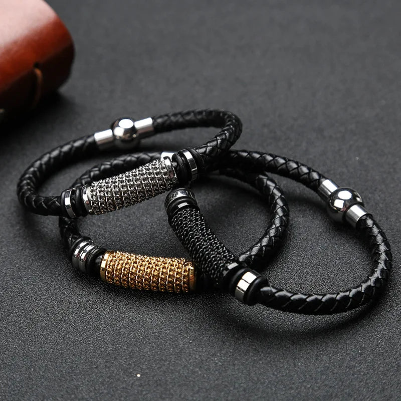 Wholesale Handmade Stainless Steel Charms Bracelet Leather Braided Woven Bracelet for Men
