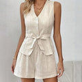 Enyami Simple Fashion Lady Summer Cotton Linen V-Neck Sleeveless Vest Casual Suit Two Piece Slimming Top Shorts Set With Belt