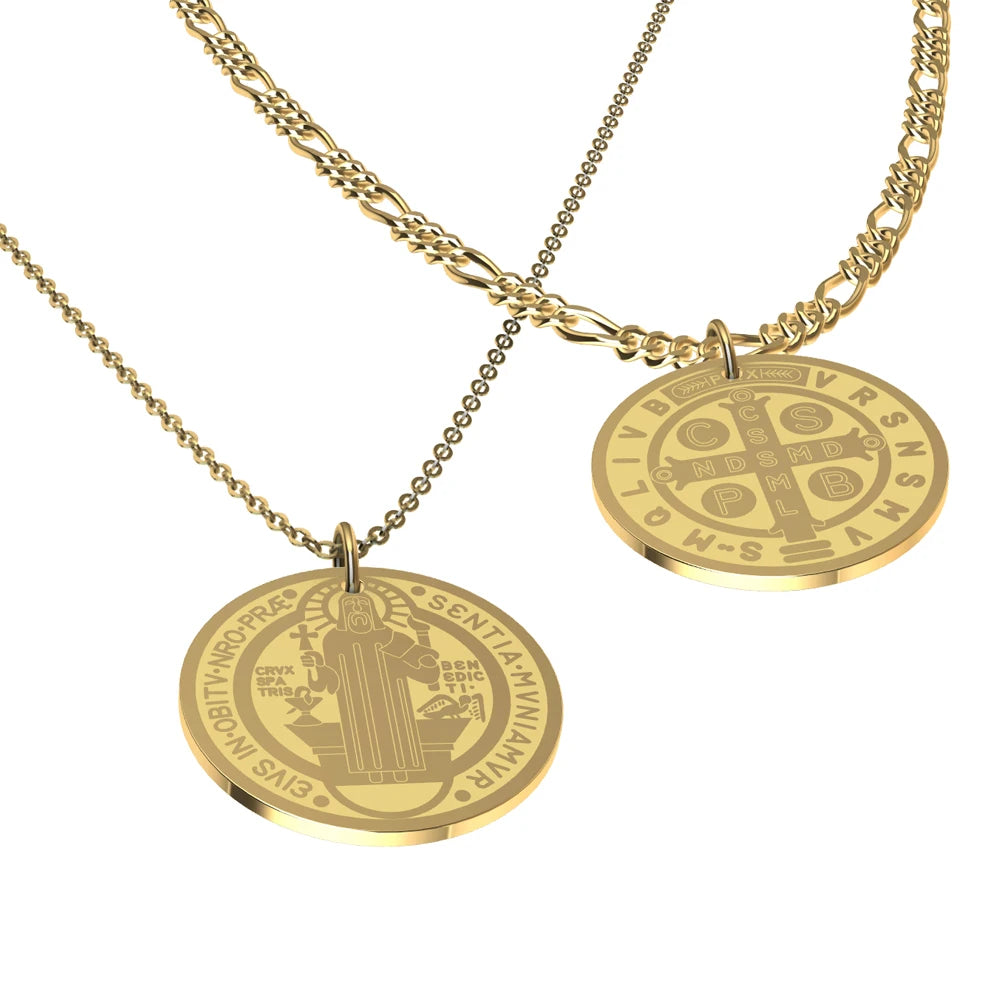 New Fashion Stainless Steel Religious Medal Pendant Necklace St. Benedict Gold Round Pendant Jewelry Gift for Men and Women