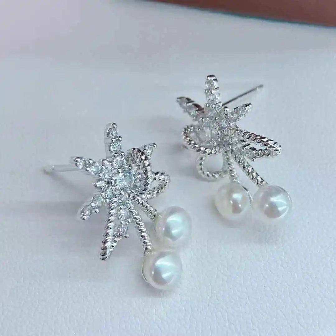New 5-6mm Natural Freshwater White Zircon Crystal Pearl Stud Earrings for Women Cute Flower-Shaped Fresh Bread Pearl Studs