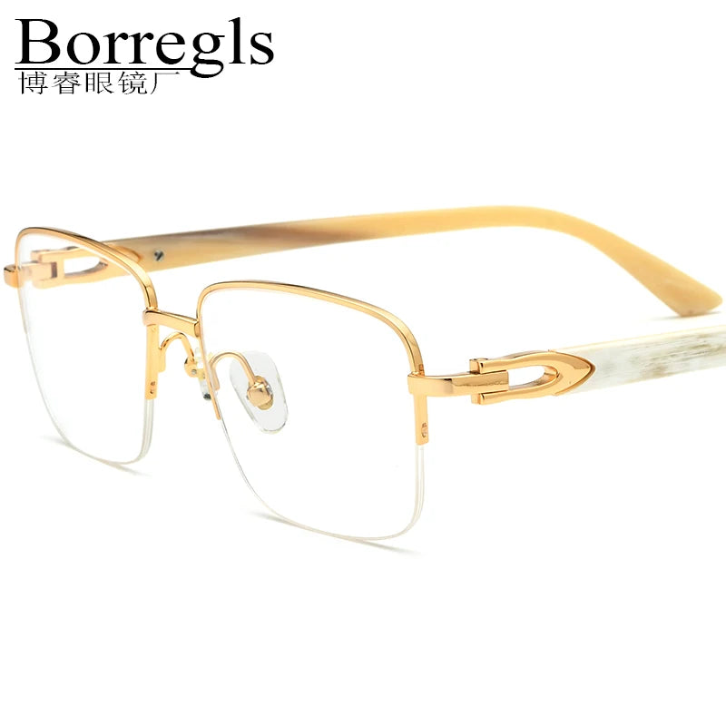Borregls Buffalo Horn Glasses Men Luxury Designer Square Buffs Eyeglasses Frame Women Half-Rim Semi-Rimless Optical Eyewear 0035