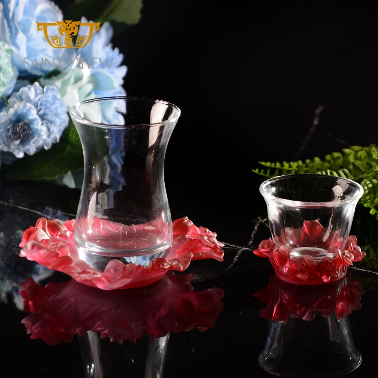 SAINT-VIEW Rose Series Crystal Etched Fancy Luxury Reusable Glassware Coffee Fruit Juice Tea Cup Customized Logo for Restaurant