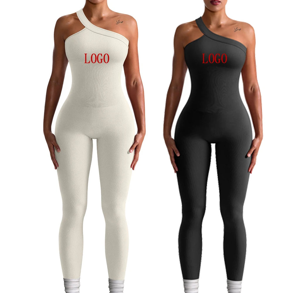 New Arrival Activewear Fitness Workout Yoga Wear for Women Bodysuit One Shoulder Ribbed Jumpsuit