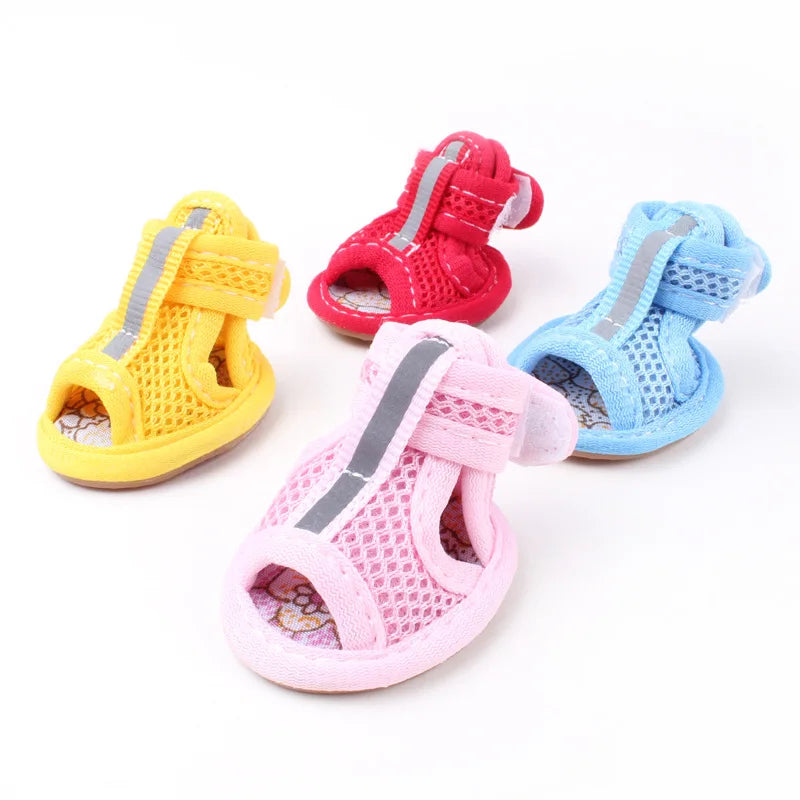 4pcs Cute Pet Dog Mesh Sandals Summer Breathable Summer Dog Shoes Casual Anti-Slip Sneakers Soft Mesh Sandals Small Dog Shoes