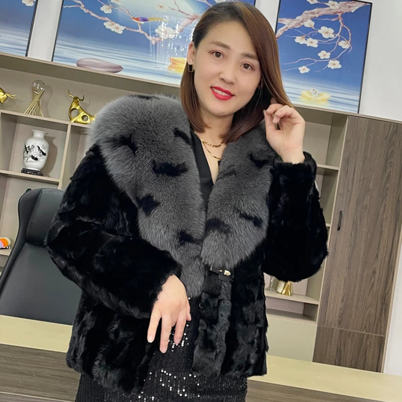 2023 New Fashion Natural Real Mink Coat Big Fox Fur Collar Winter Jacket Women Thick Warm Luxury Brand Outerwear Streetwear