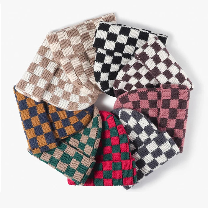 Classic Fashion Winter Warm Thickened Unisex Cuffed Plaid Crochet Multi Checkered Knit Beanie Hat
