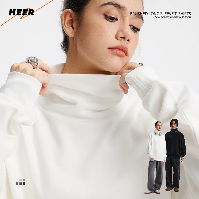 Heavyweight Brushed Cotton Polyester Turtleneck Long Sleeve T-shirt with Custom OEM ODM Service for Streetwear Brands