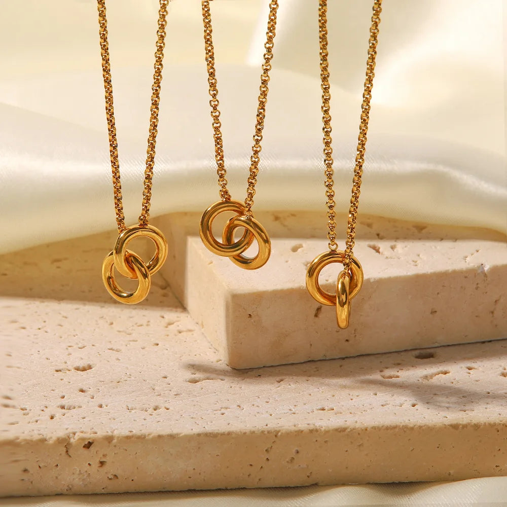 New Minimalist Hollow Double Circle 18K Gold Plated Stainless Steel Round Circle Pendant Necklace for Women